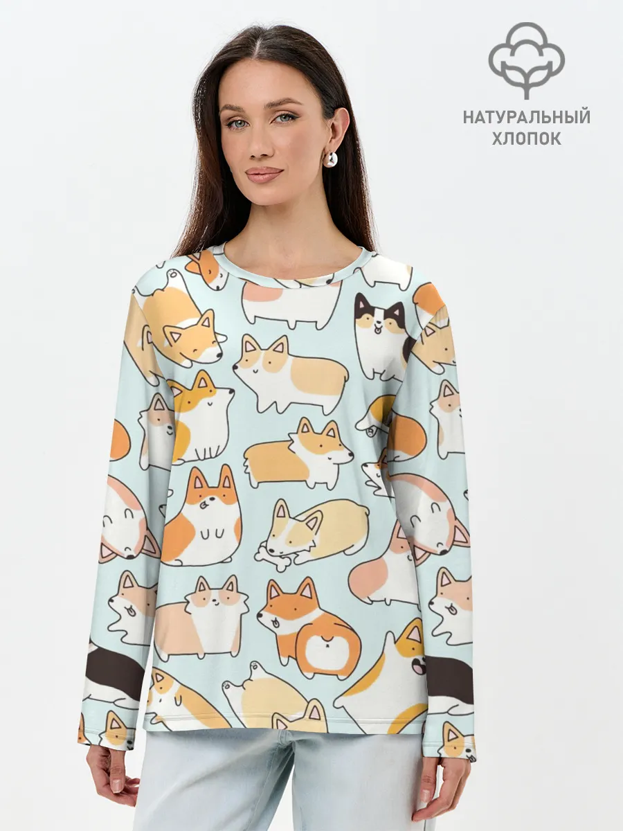 Лонгслив женский. Хлопок / Милые корги