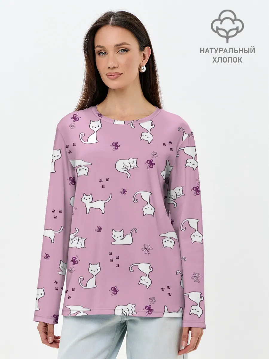 Лонгслив женский. Хлопок / Белая кошка