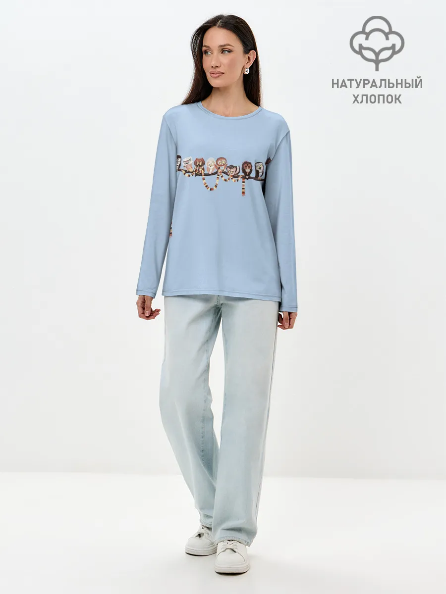 Лонгслив женский. Хлопок / Совы на ветке