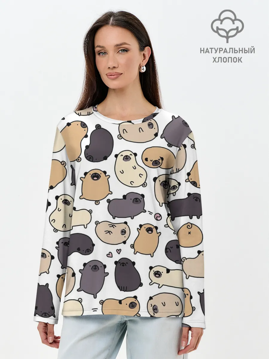 Лонгслив женский. Хлопок / Милые мопсы