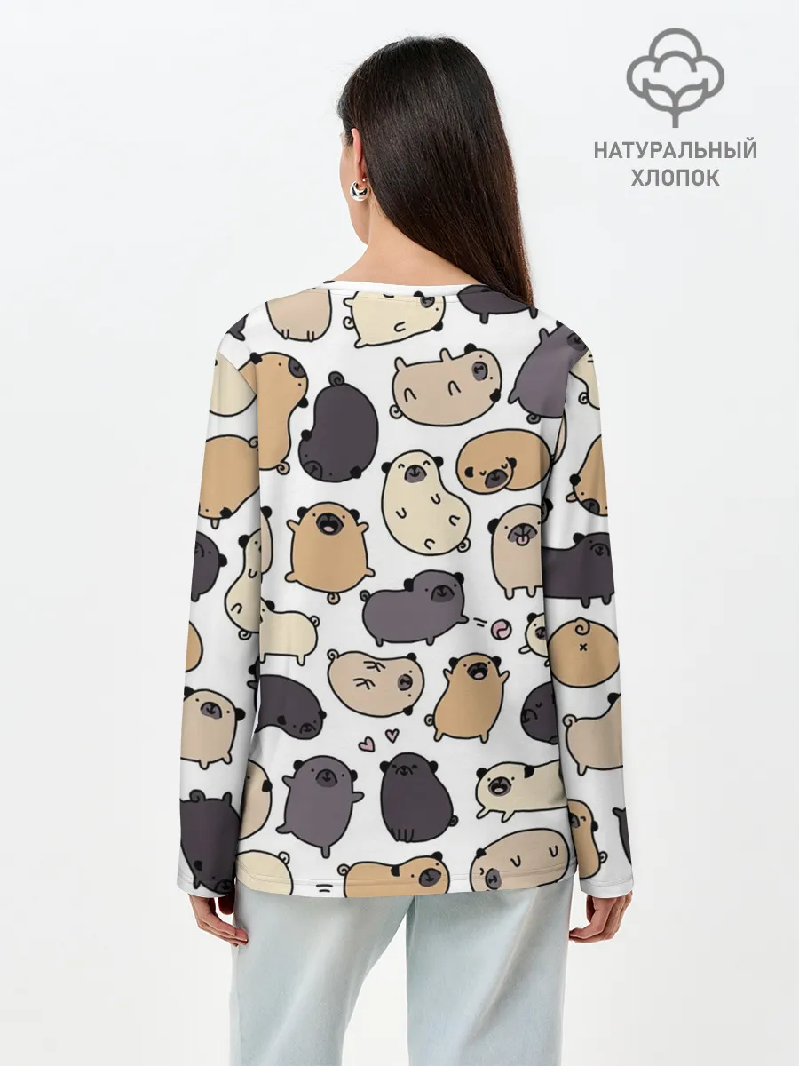 Лонгслив женский. Хлопок / Милые мопсы