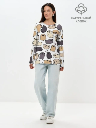 Лонгслив женский. Хлопок / Милые мопсы