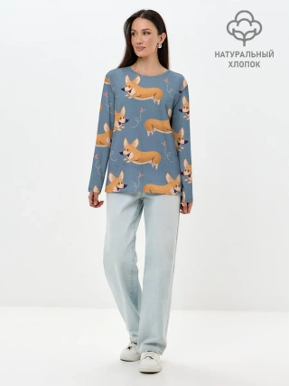 Лонгслив женский. Хлопок / Корги с бабочкой