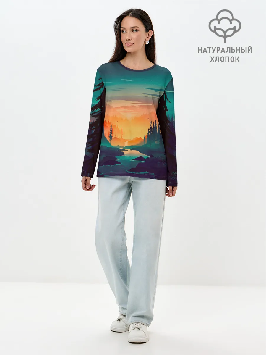 Лонгслив женский. Хлопок / Закат Лес