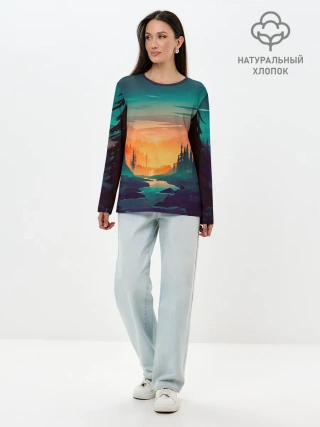 Лонгслив женский. Хлопок / Закат Лес