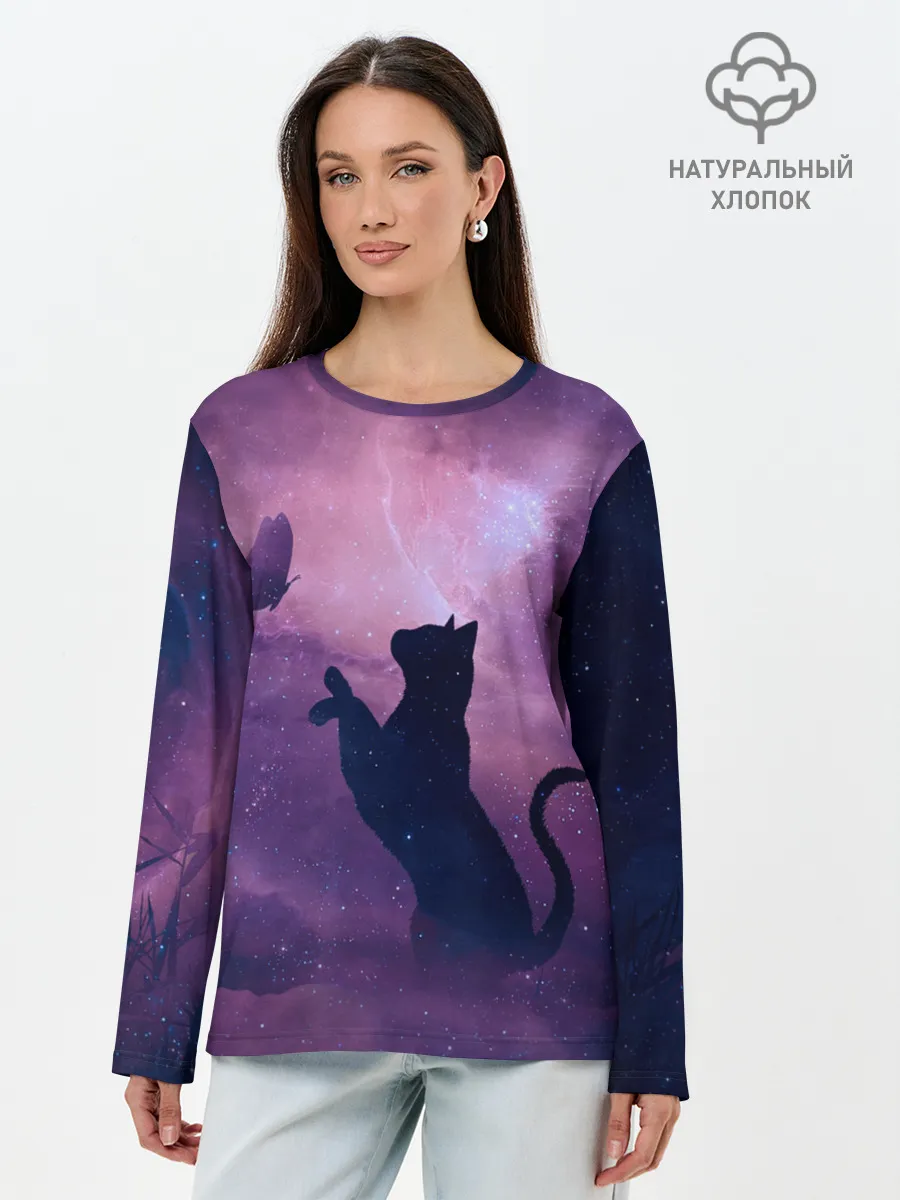 Лонгслив женский. Хлопок / Бабочка кот силуэт фиолетовый