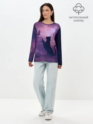 Лонгслив женский. Хлопок / Бабочка кот силуэт фиолетовый
