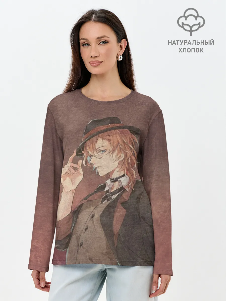 Лонгслив женский. Хлопок / Чуя Накахар на состаренном фоне