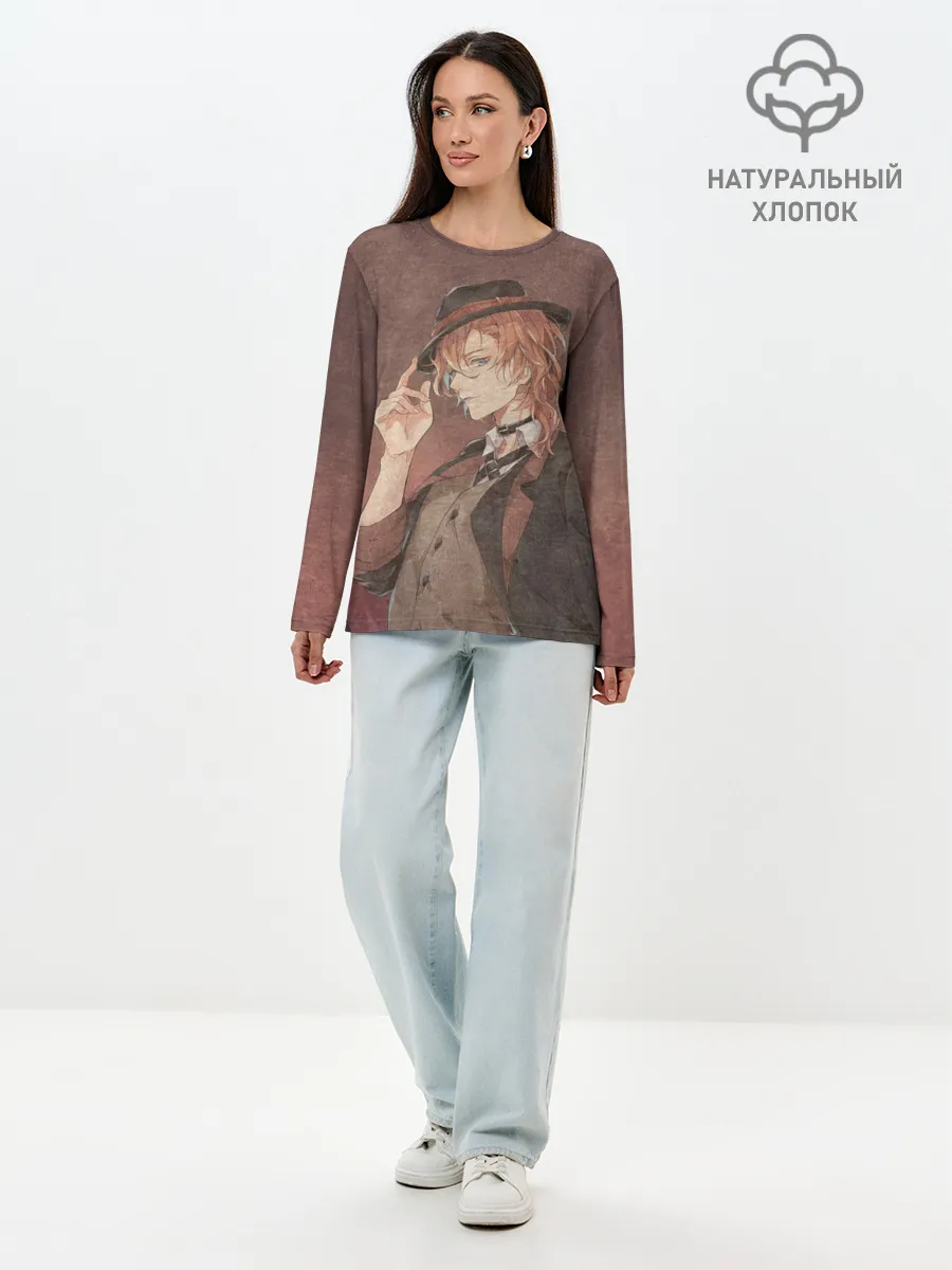 Лонгслив женский. Хлопок / Чуя Накахар на состаренном фоне