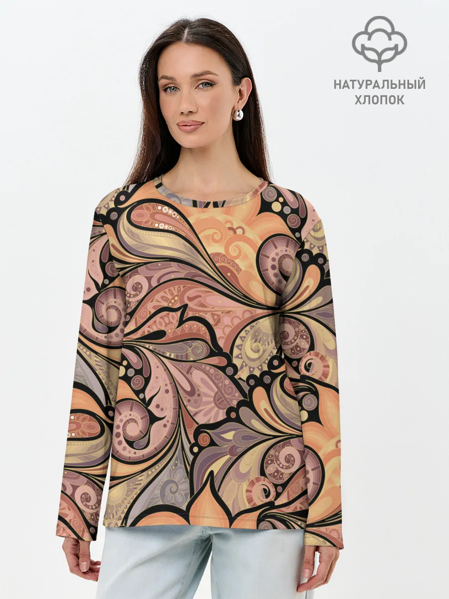 Лонгслив женский. Хлопок / дудл узоры