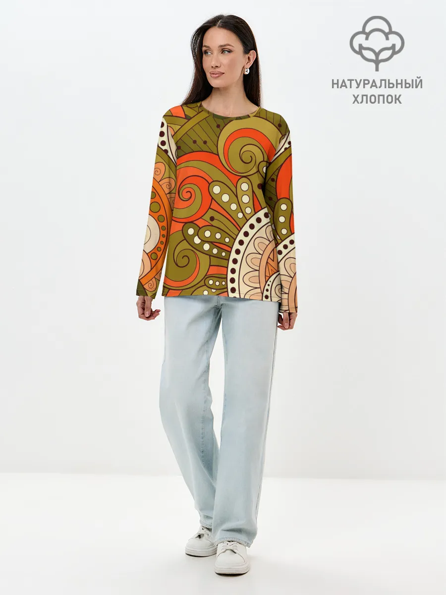 Лонгслив женский. Хлопок / Детский оранжево-болотный
