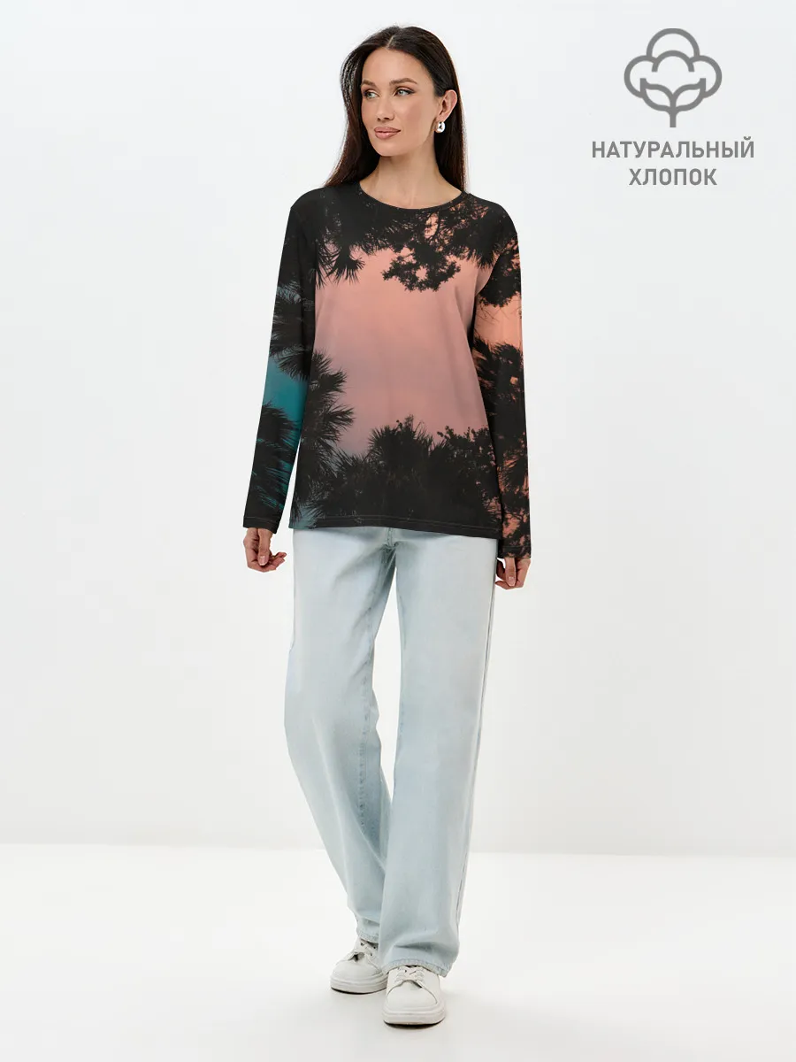 Лонгслив женский. Хлопок / Пальмы вид снизу закат