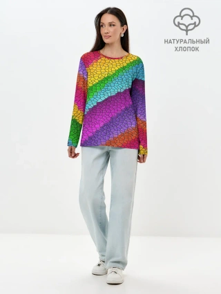 Лонгслив женский. Хлопок / Яркая мозаика радуга диагональ