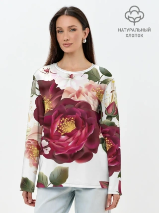 Лонгслив женский. Хлопок / Розы