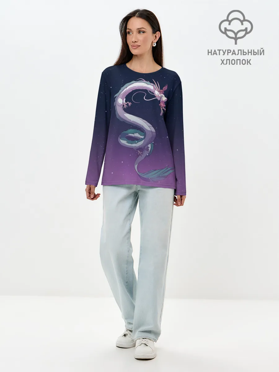 Лонгслив женский. Хлопок / Тихиро летает с драконом в ночном небе