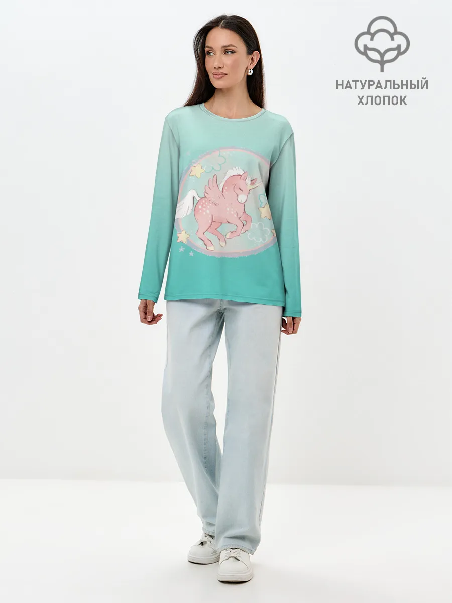 Лонгслив женский. Хлопок / розовый единорог в небесах