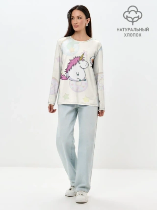 Лонгслив женский. Хлопок / Пухленький единорог