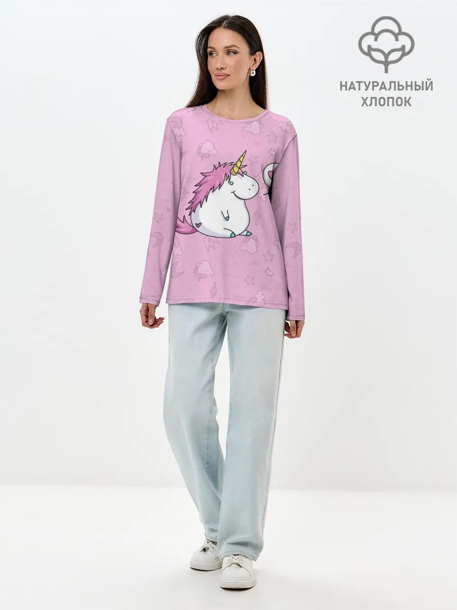 Лонгслив женский. Хлопок / Пухленький единорог