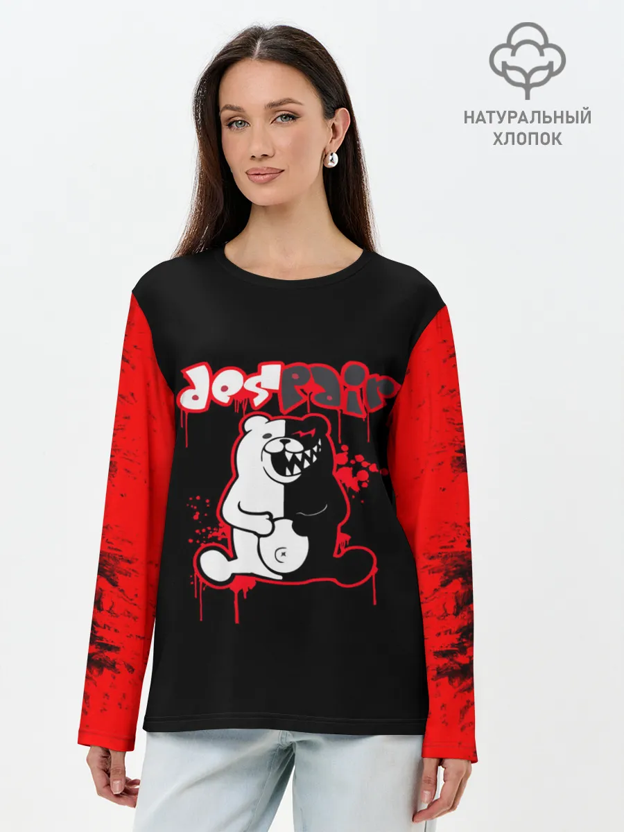 Лонгслив женский. Хлопок / monokuma красные потертости