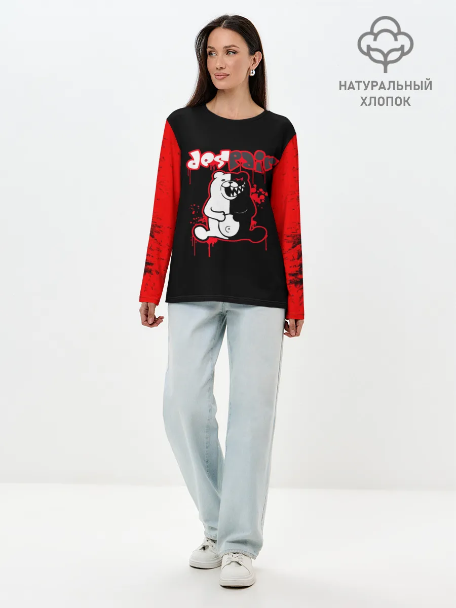 Лонгслив женский. Хлопок / monokuma красные потертости