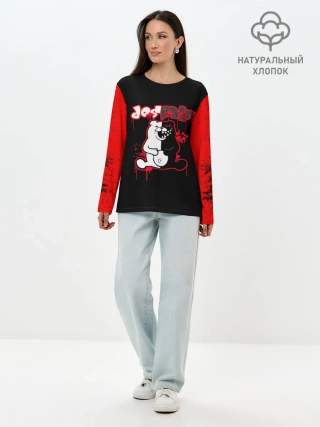 Лонгслив женский. Хлопок / monokuma красные потертости