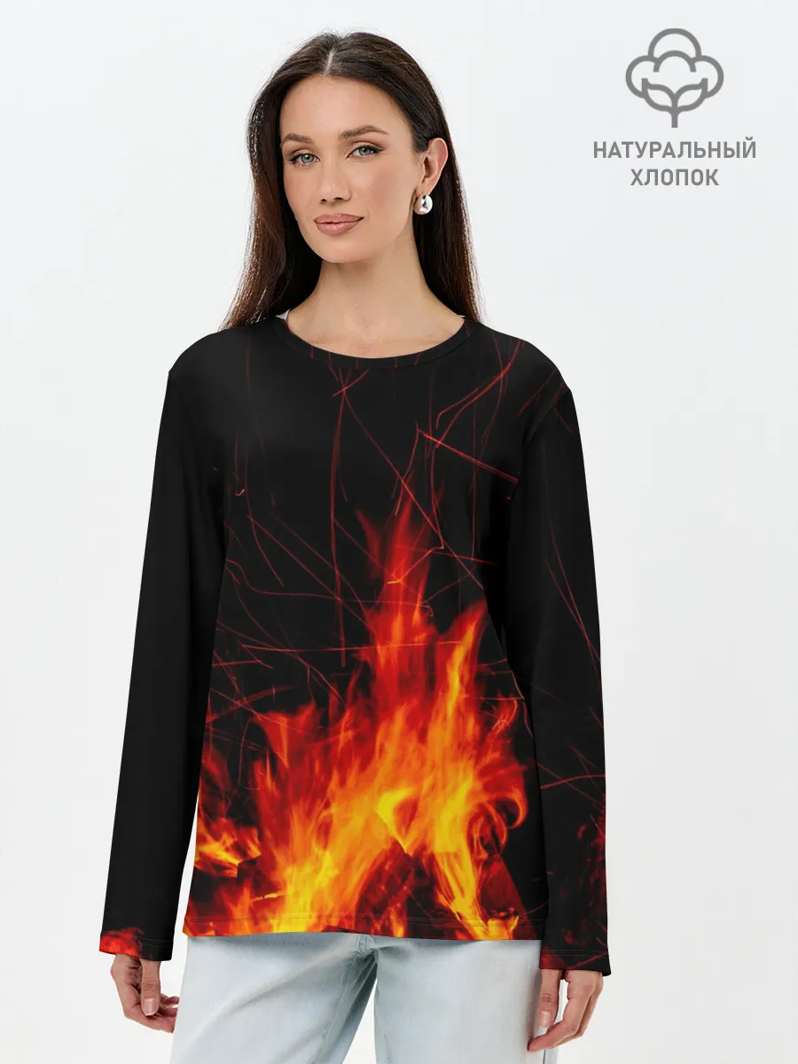 Лонгслив женский. Хлопок / Ночной костер в лесу