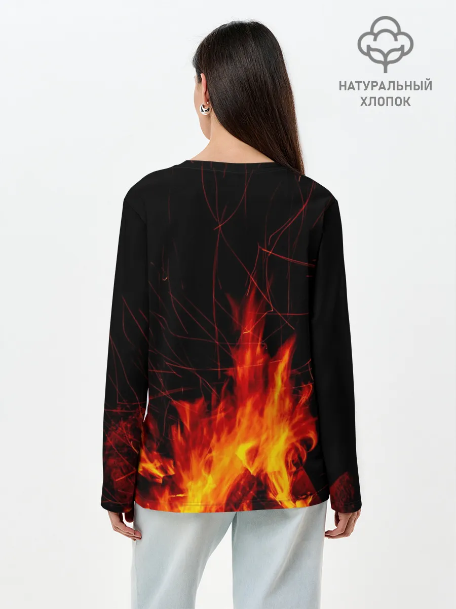 Лонгслив женский. Хлопок / Ночной костер в лесу