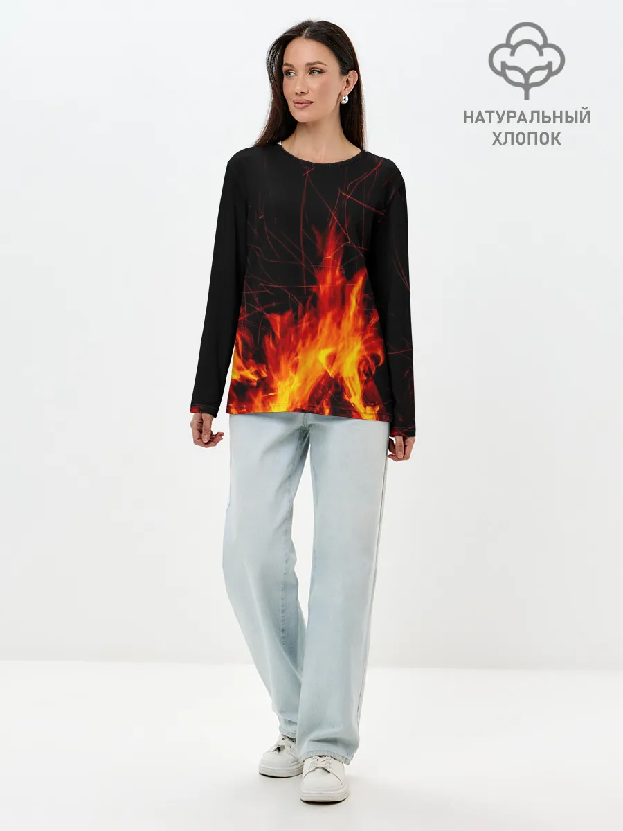 Лонгслив женский. Хлопок / Ночной костер в лесу