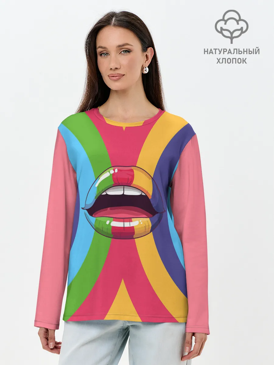 Лонгслив женский. Хлопок / Радужные губы | Rainbow lips