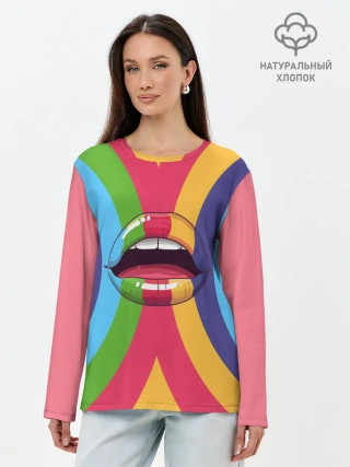 Лонгслив женский. Хлопок / Радужные губы | Rainbow lips