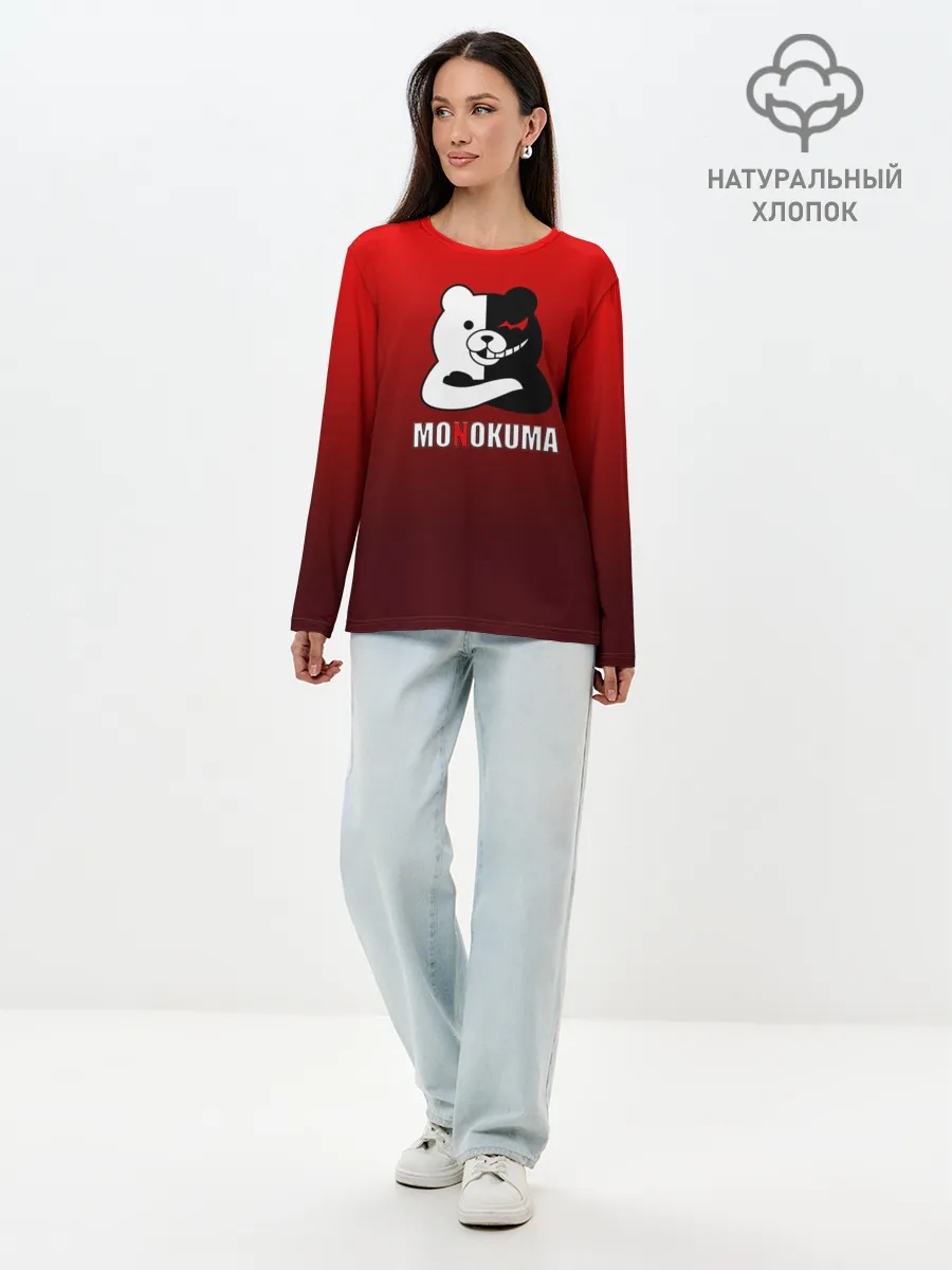 Лонгслив женский. Хлопок / monokuma на красном градиенте