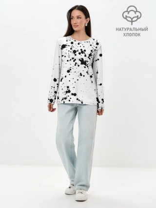 Лонгслив женский. Хлопок / Далматинец - брызги чёрными пятнами