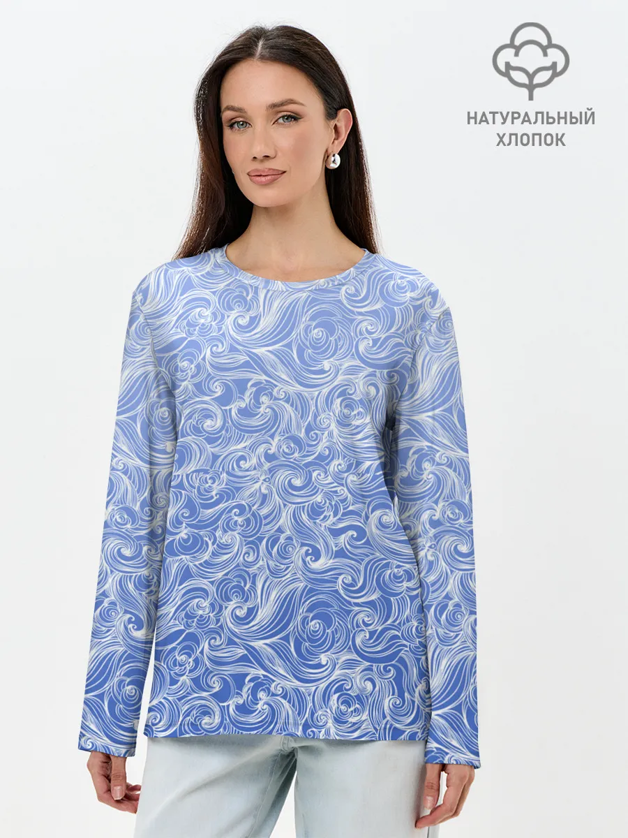Лонгслив женский. Хлопок / Волны на голубом фоне