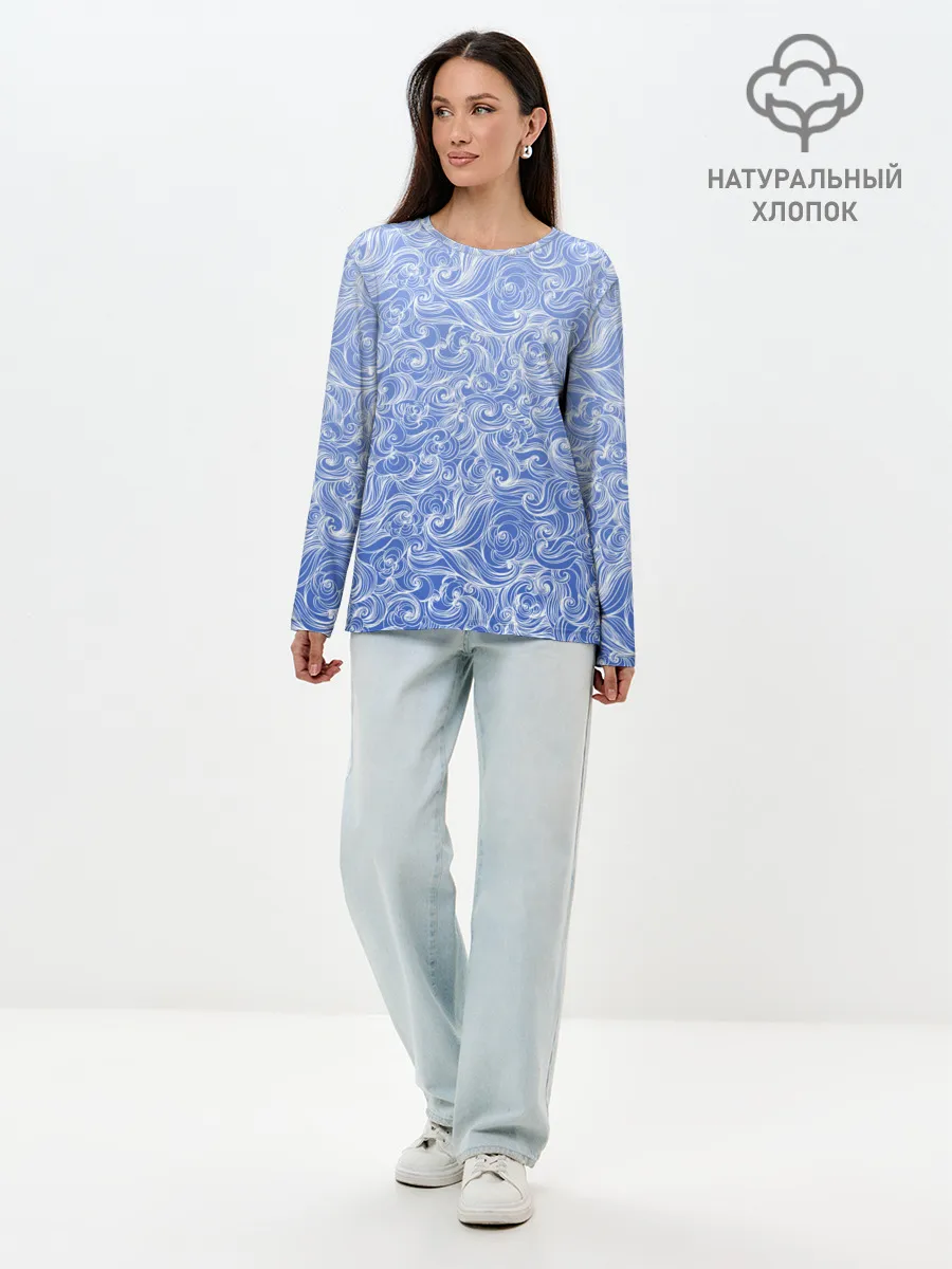 Лонгслив женский. Хлопок / Волны на голубом фоне