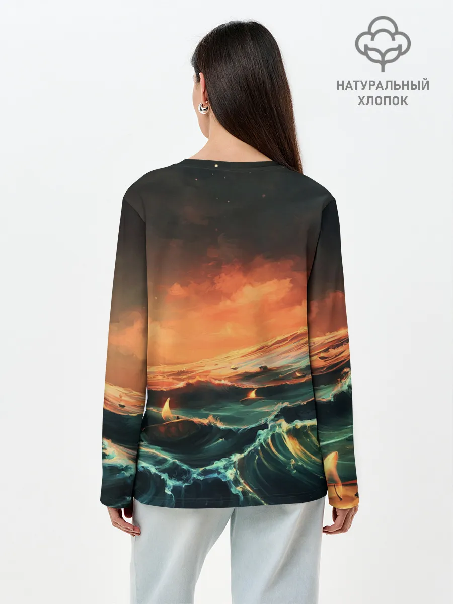 Лонгслив женский. Хлопок / Фэнтези море корабли закат