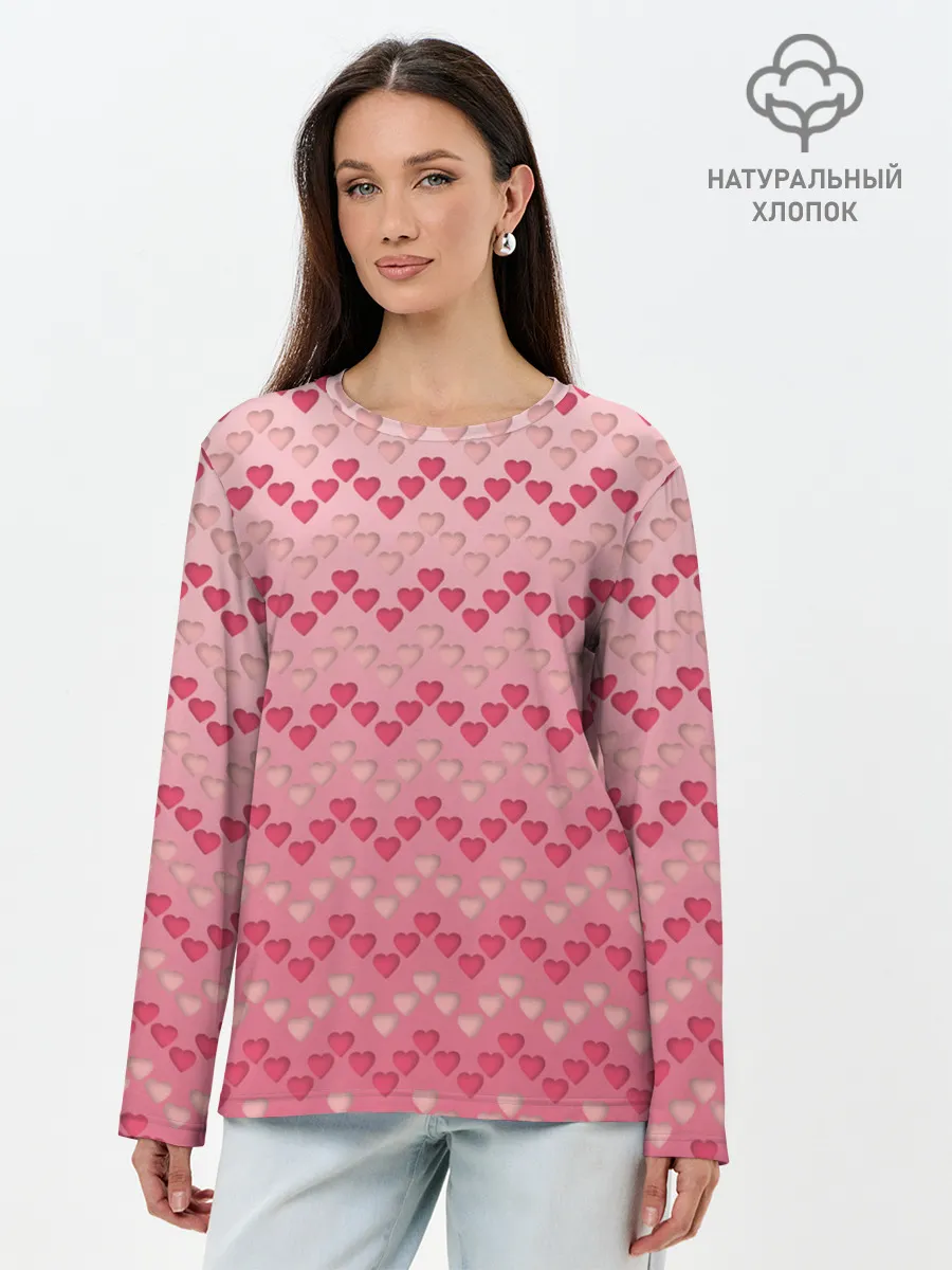 Лонгслив женский. Хлопок / узор милые сердца зигзагами