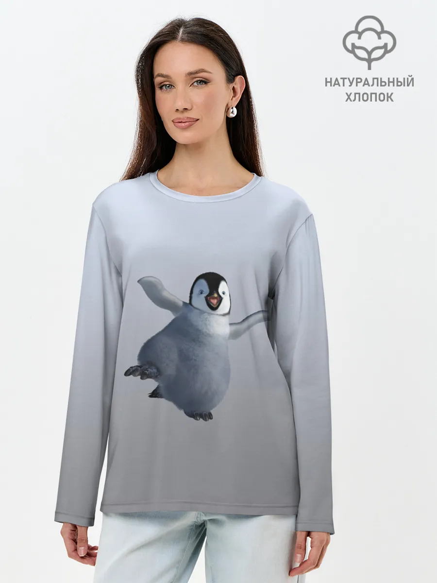 Лонгслив женский. Хлопок / мультяшный пингвин