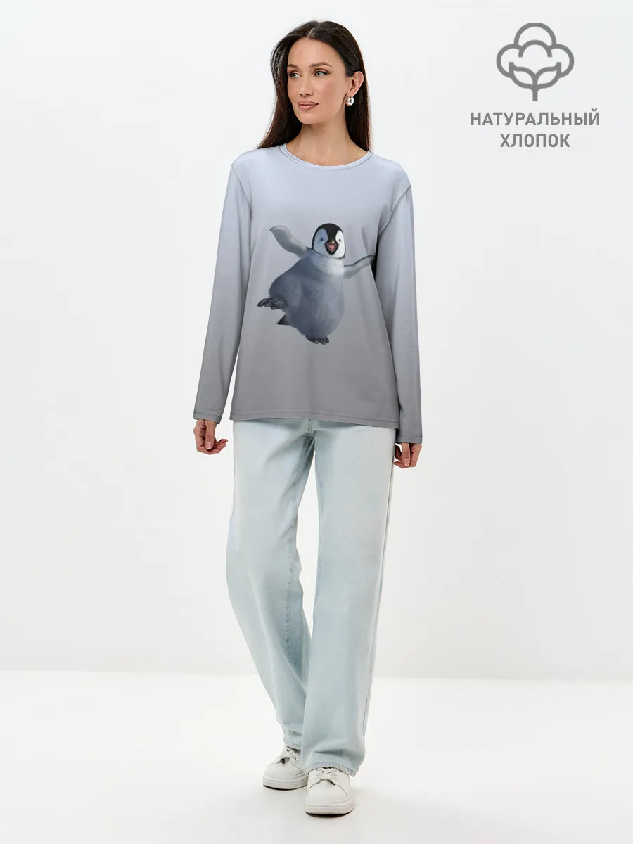 Лонгслив женский. Хлопок / мультяшный пингвин