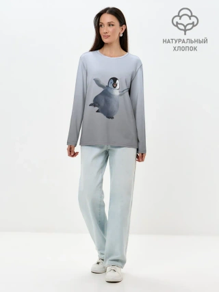 Лонгслив женский. Хлопок / мультяшный пингвин