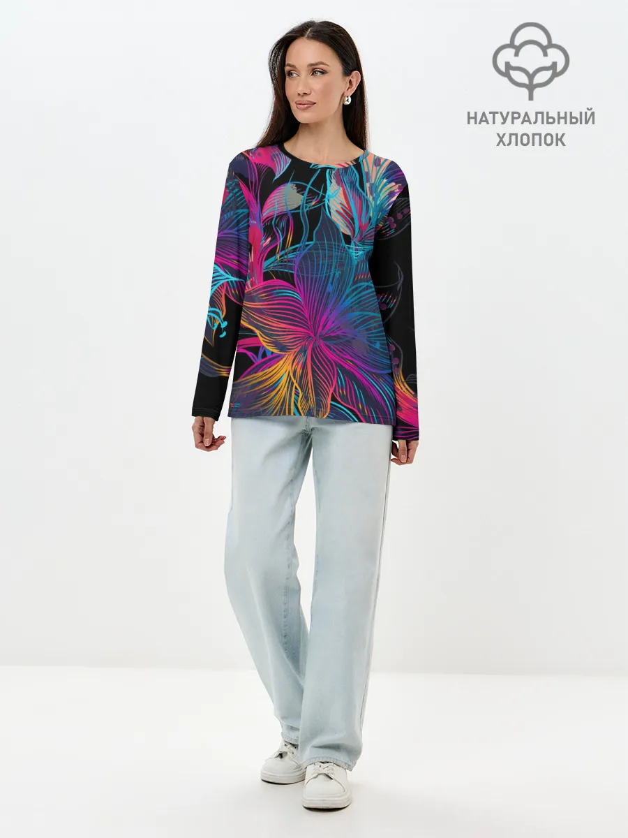 Лонгслив женский. Хлопок / Flowers | Неон