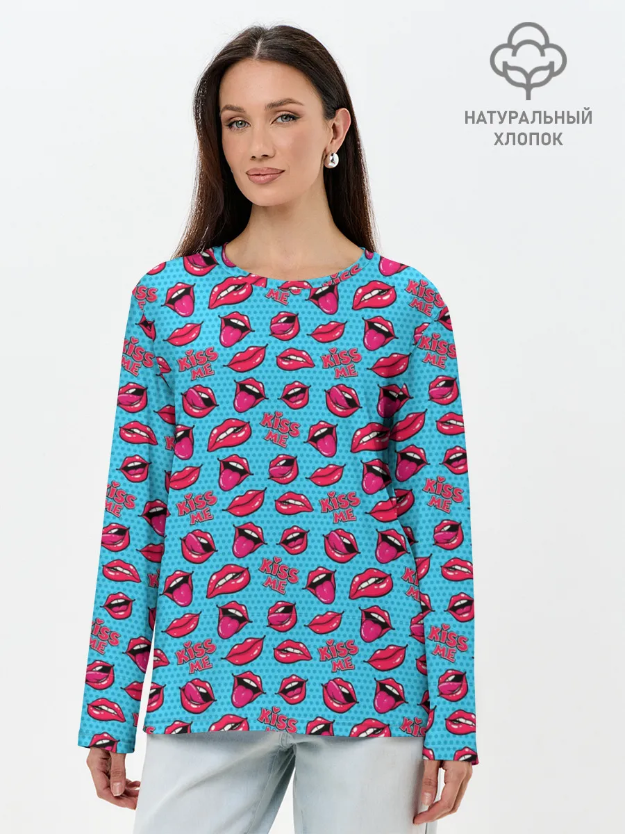 Лонгслив женский. Хлопок / Губы. Поп-арт