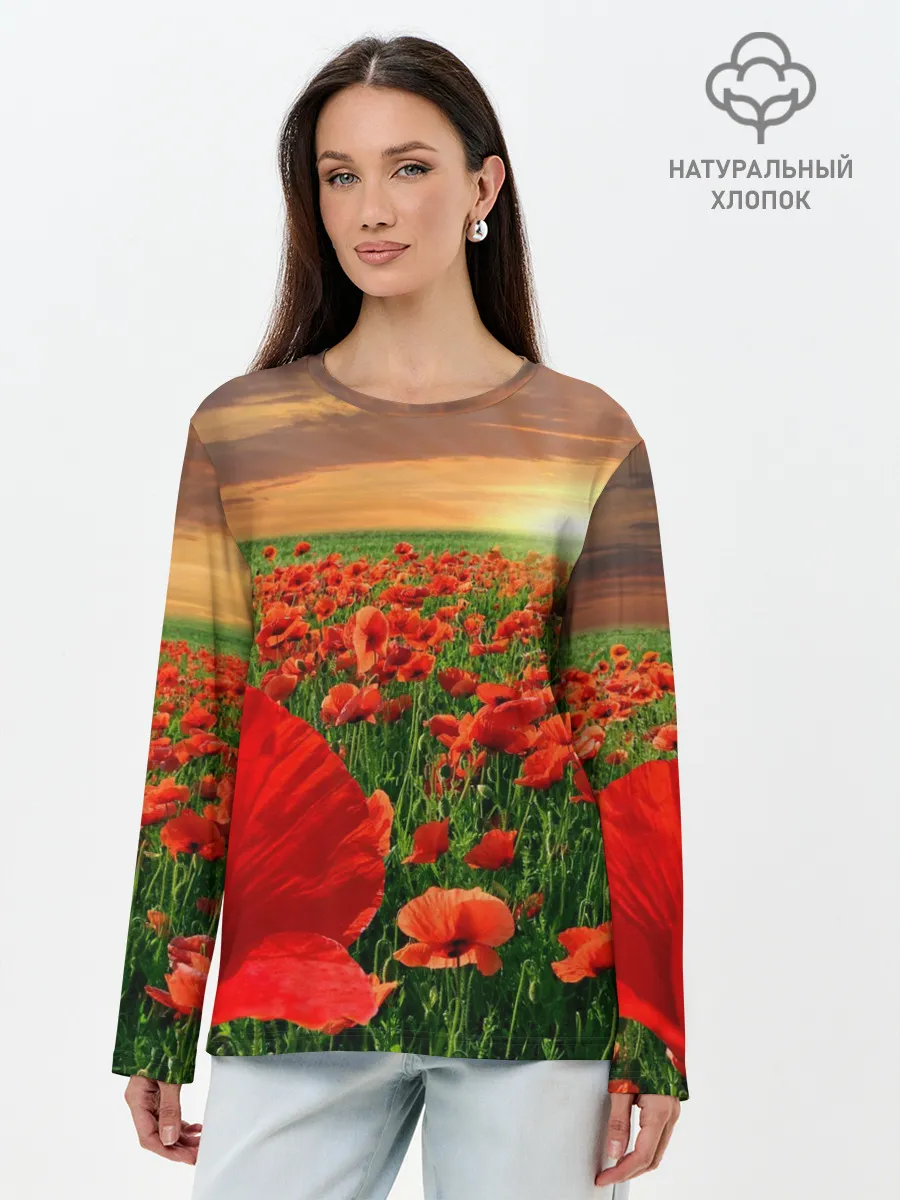 Лонгслив женский. Хлопок / Красный мак на закате
