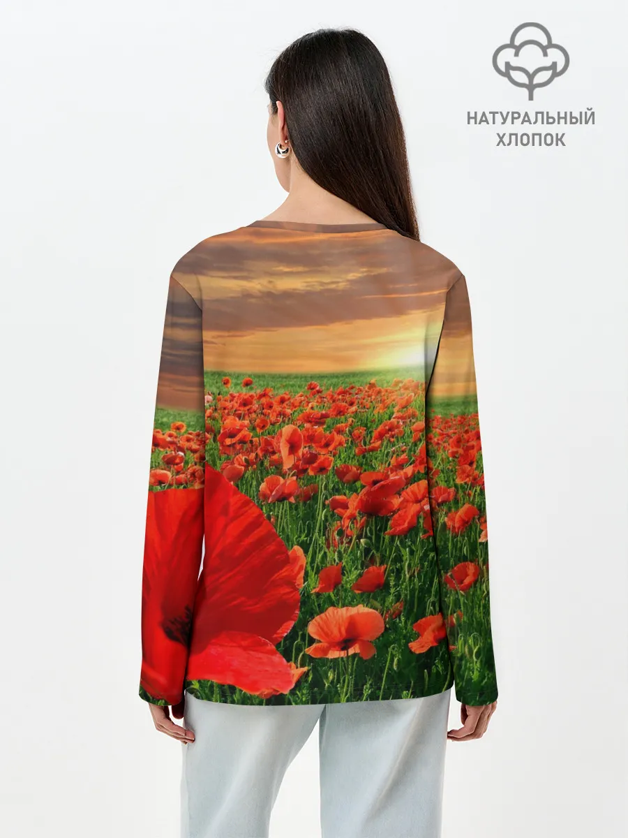 Лонгслив женский. Хлопок / Красный мак на закате