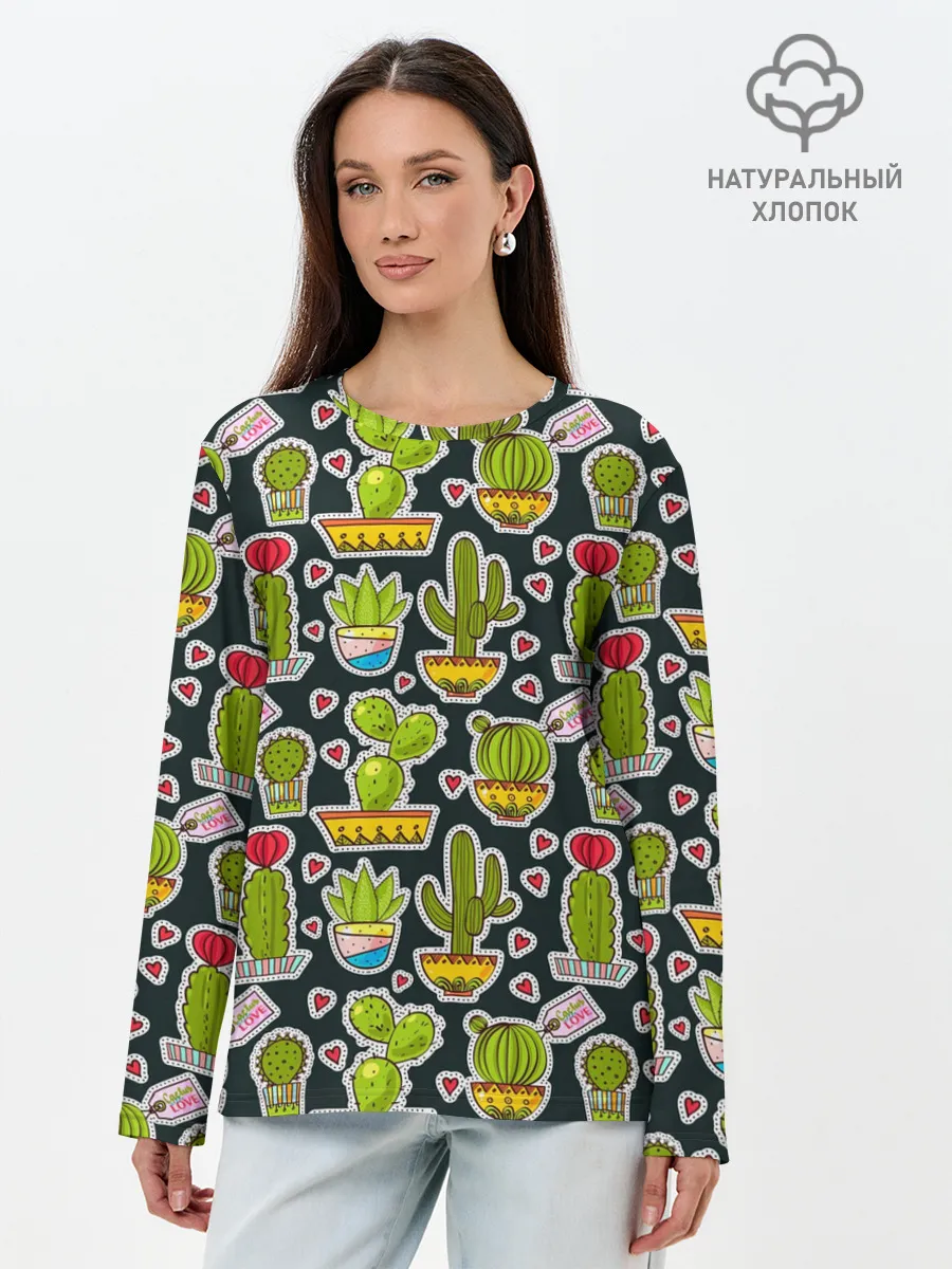 Лонгслив женский. Хлопок / Кактусы
