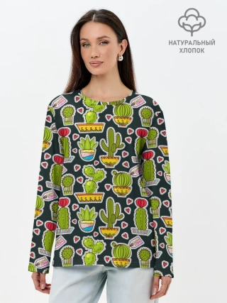 Лонгслив женский. Хлопок / Кактусы