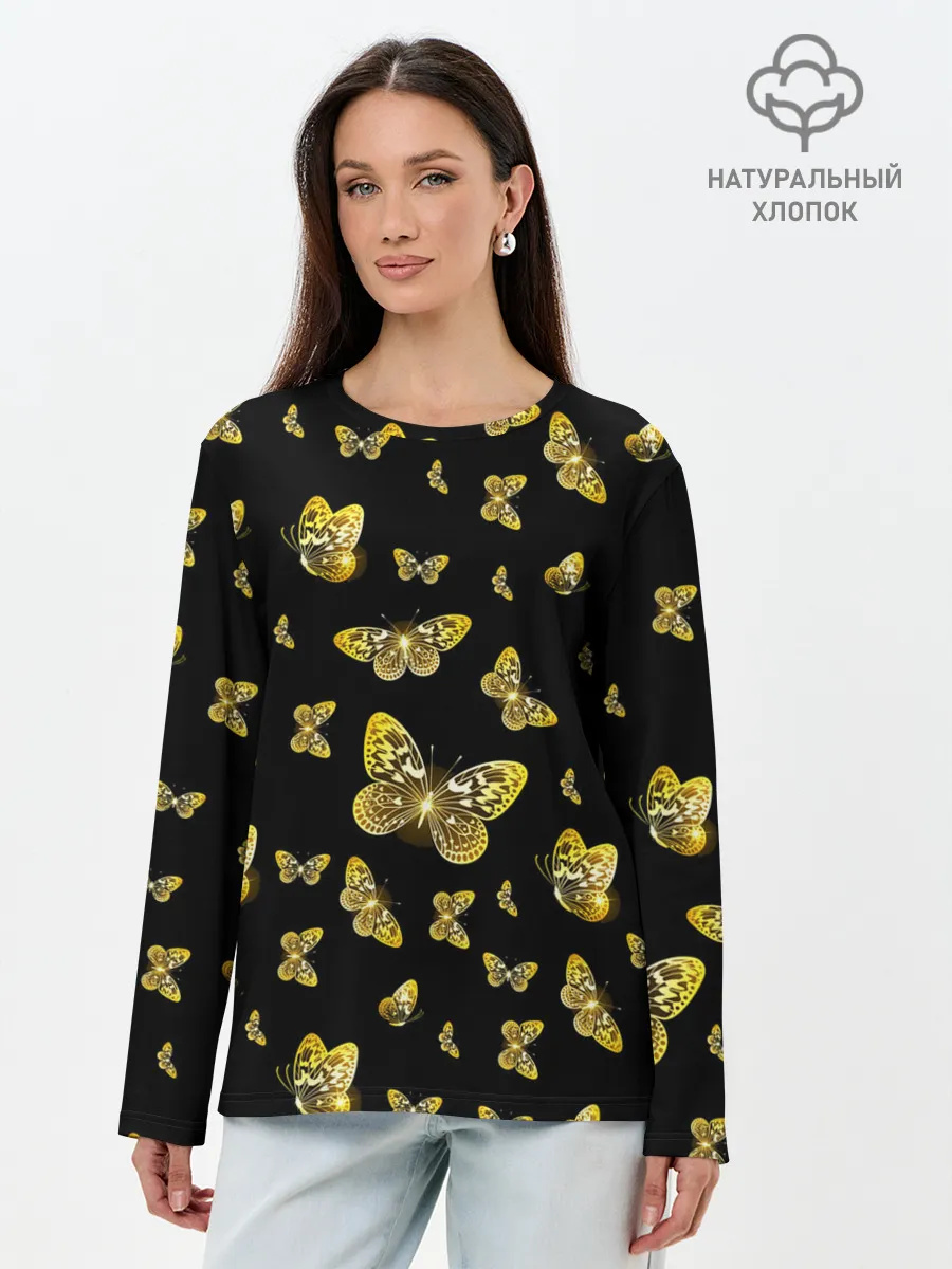 Лонгслив женский. Хлопок / Golden Butterfly pattern