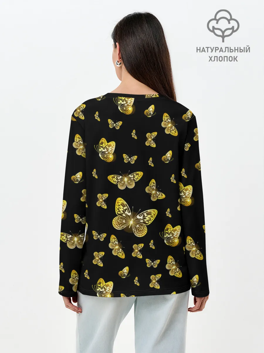 Лонгслив женский. Хлопок / Golden Butterfly pattern