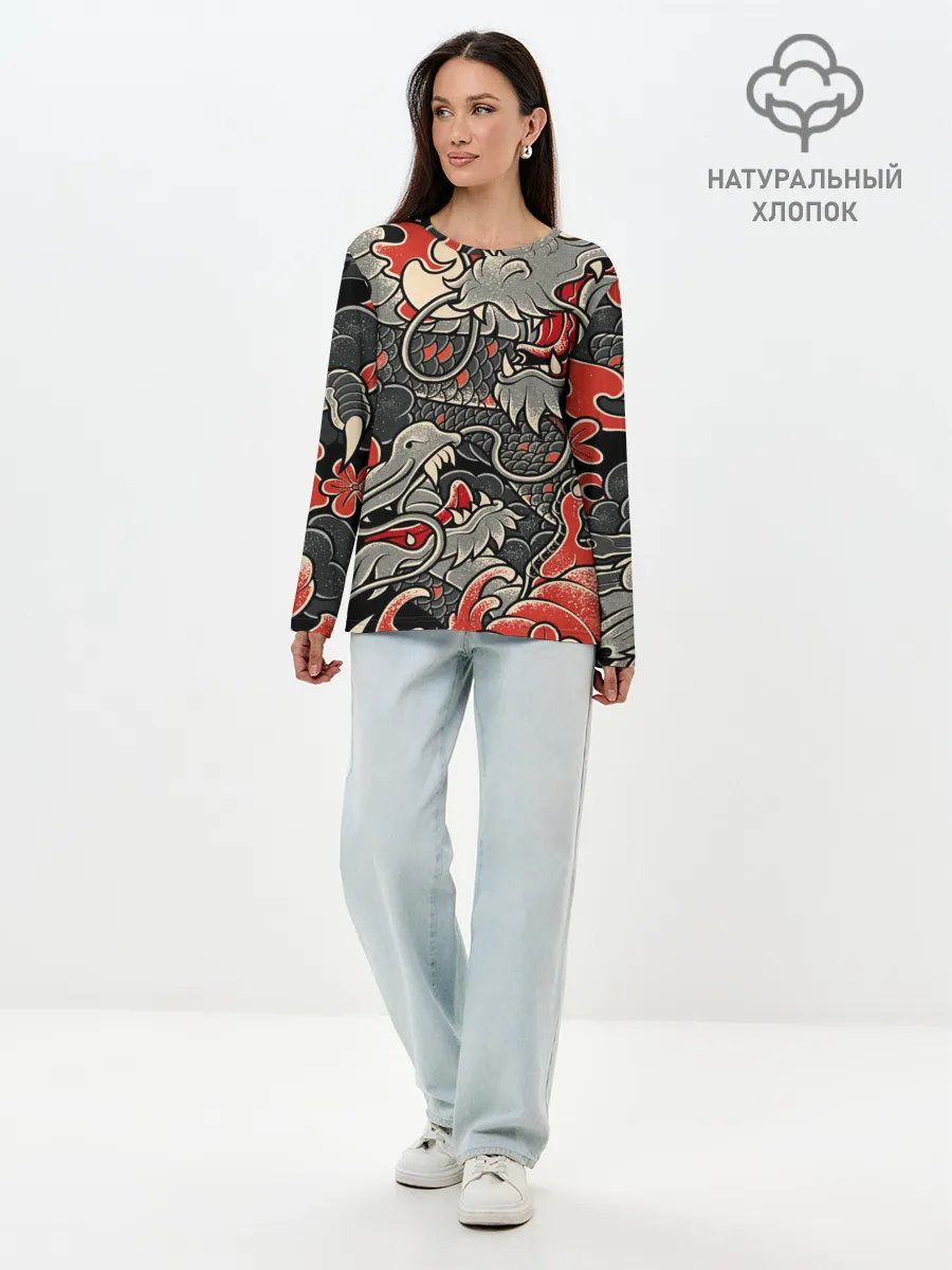 Лонгслив женский. Хлопок / Dsquared tatoo DRAGON