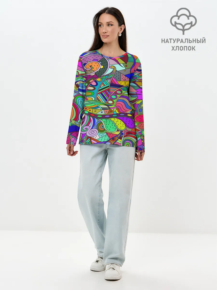 Лонгслив женский. Хлопок / Дудлы узор разноцветный хиппи