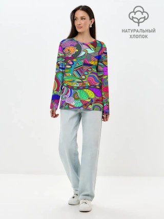 Лонгслив женский. Хлопок / Дудлы узор разноцветный хиппи